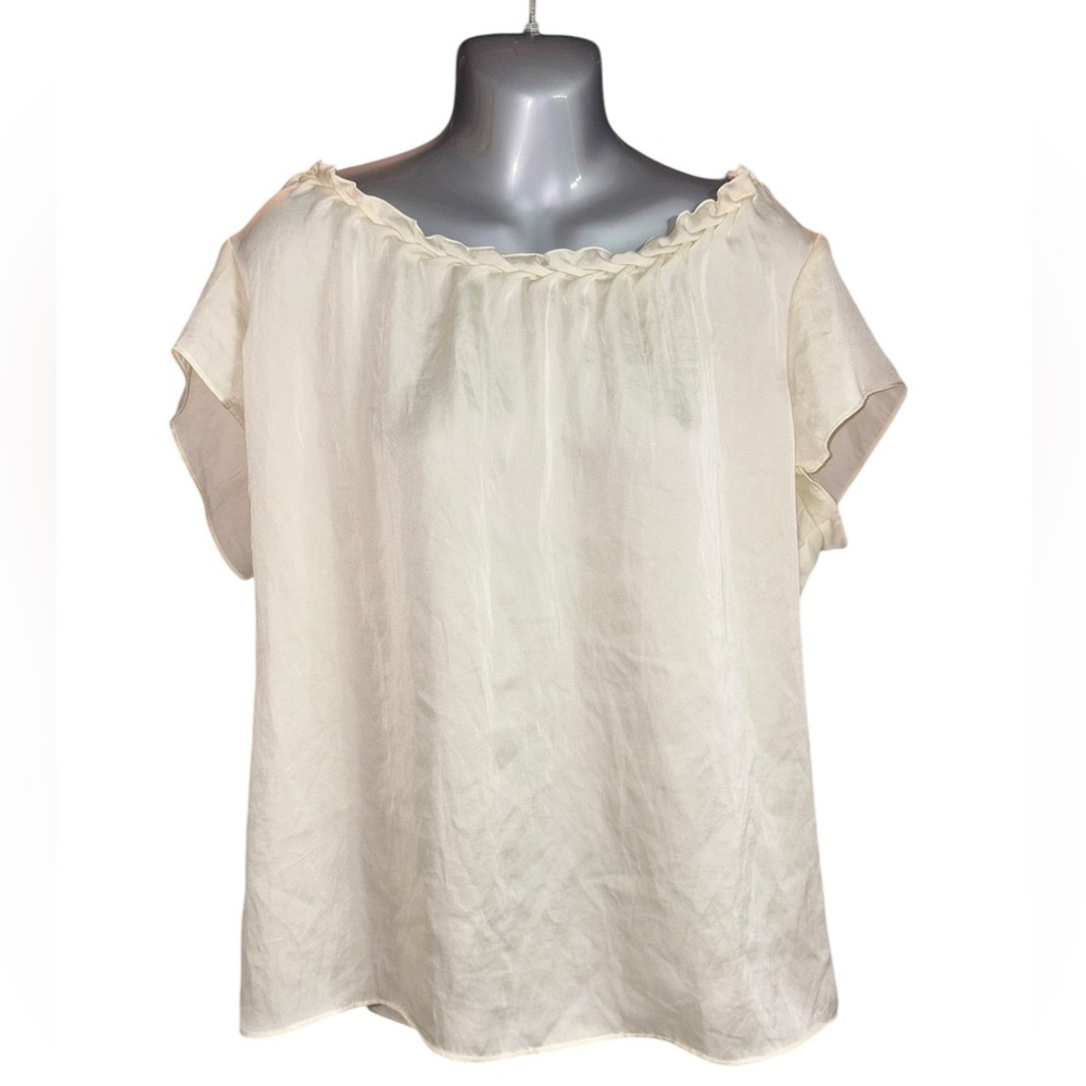 🌟 Coldwater Creek Cream White Polyester Ruffle neckline Short Sleeve Blouse 1X
